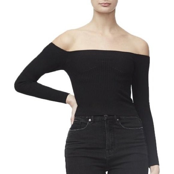 Good American The Off Shoulder Ribbed Knit Sweater Pullover in Black 0 NWOT - Picture 9 of 10